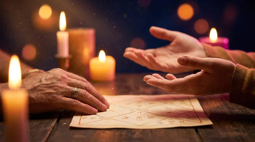 Candlelit table where one person points at a hand-drawn paper kundli while another gestures in explanation