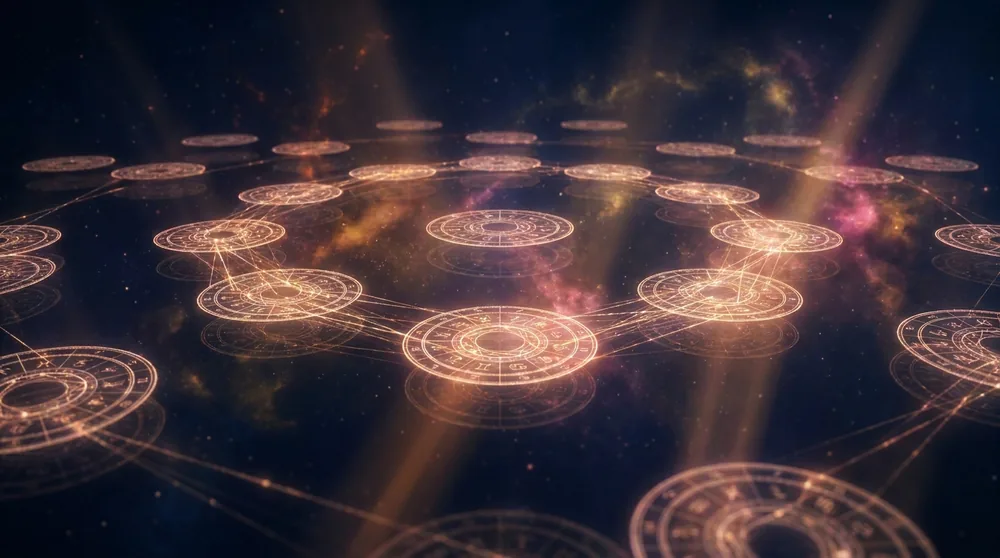 Many circular Vedic birth charts layered in space with threads of light connecting matching points, representing an AI reading patterns across many charts at once