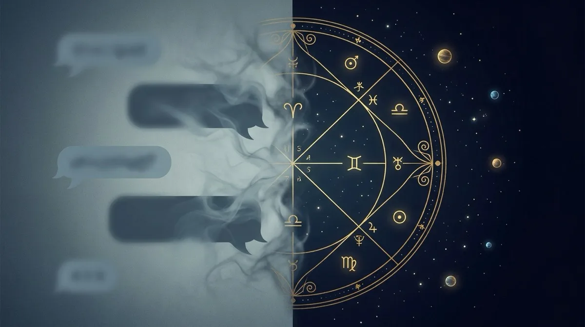 Blurred grey chat bubbles dissolving into a precise golden Vedic birth chart on a dark starry background