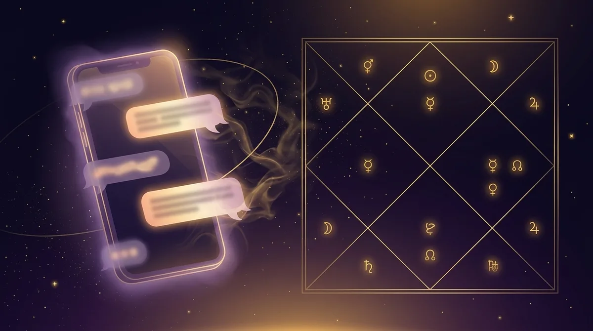 Golden North Indian kundli chart beside a glowing phone with blurred chat bubbles on a dark starry sky