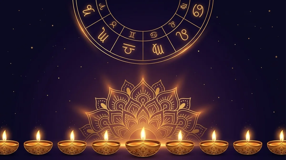 Glowing golden mandala like a lit rangoli against a dark starry night sky