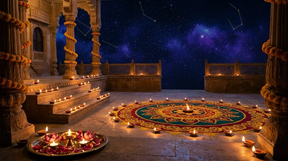 Diwali ki raat haveli ke aangan me jalte diye aur rangoli, taron bhara Amavasya ka aasman