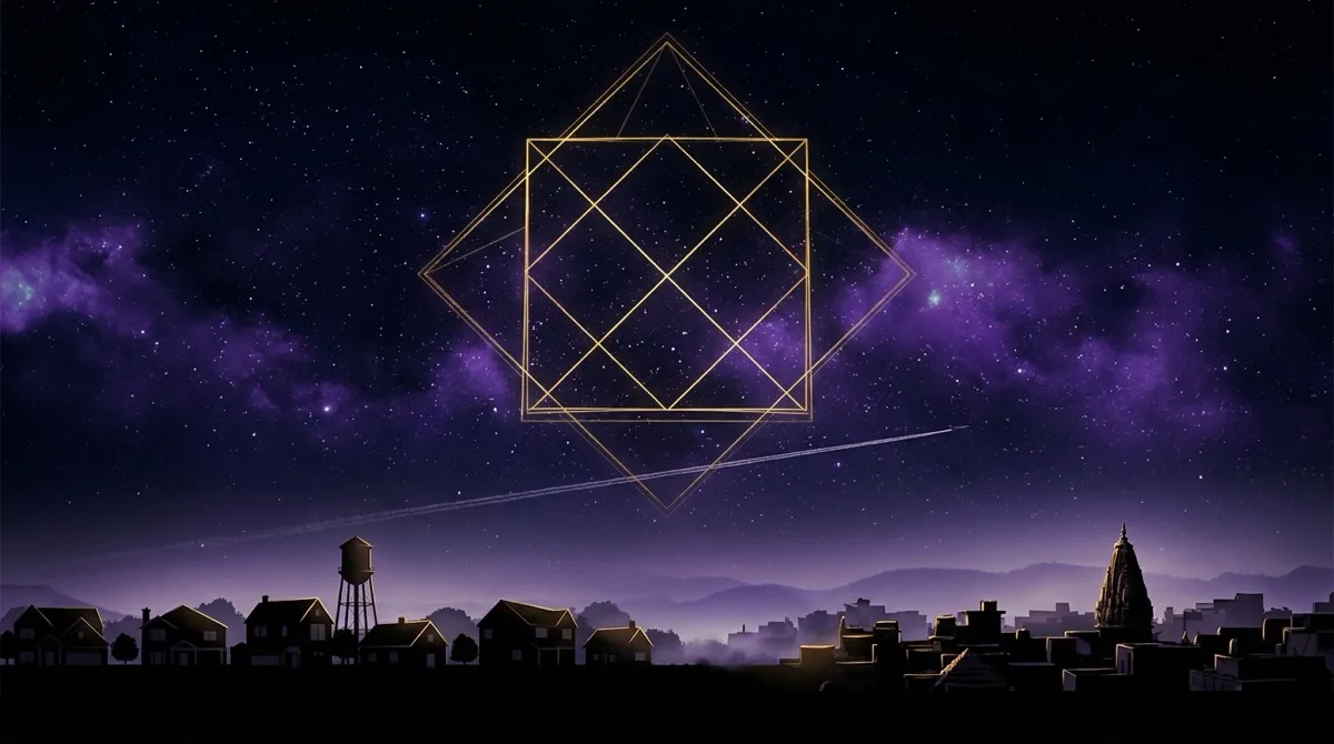 A golden kundli chart glowing in the night sky above a skyline blending American homes and an Indian temple