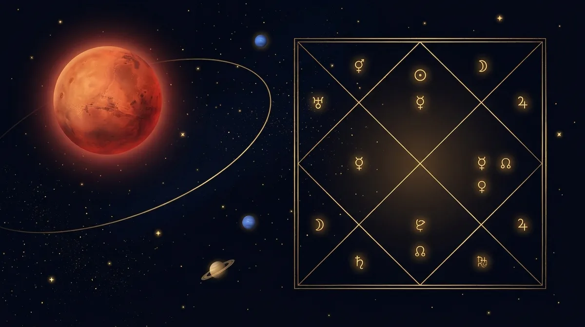 Glowing red Mars with a thin golden orbit arc beside a golden North Indian kundli chart on a dark starry background