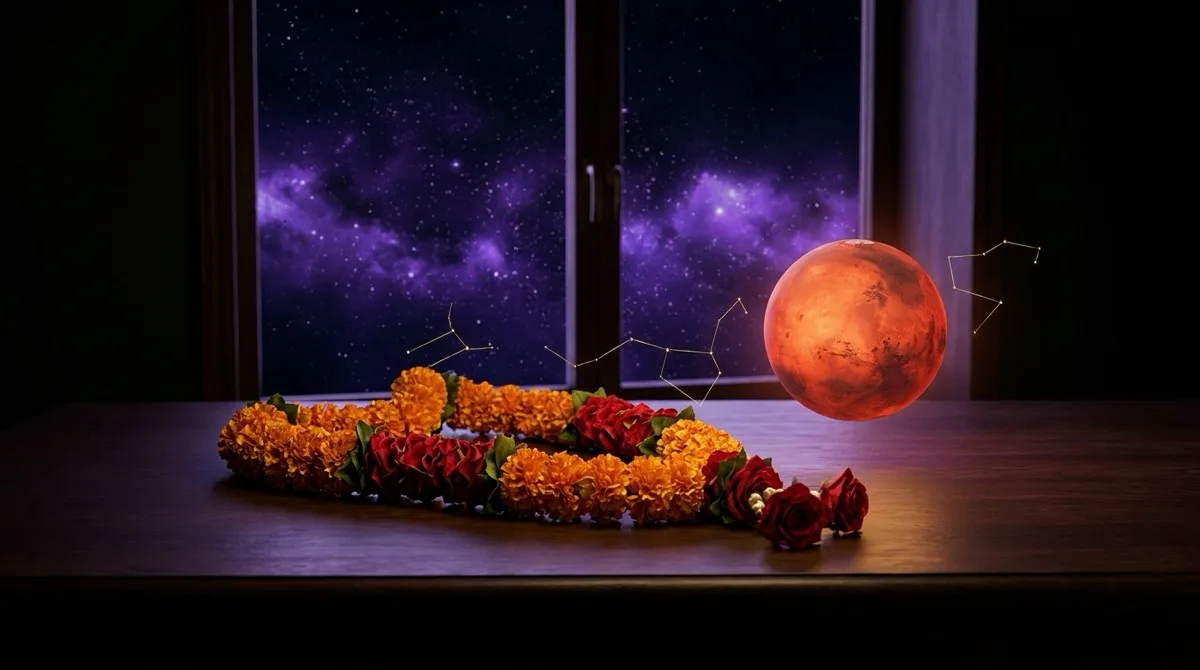 Two intertwined wedding garlands beside a glowing Mars sphere, joined by gold constellation lines
