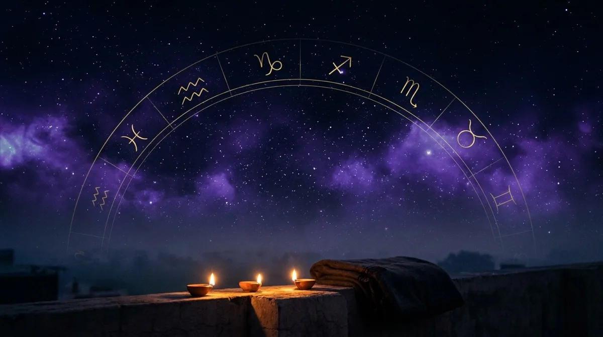 Raat ke neele aasmaan mein sunehra zodiac wheel, neeche chhat par jalte diye