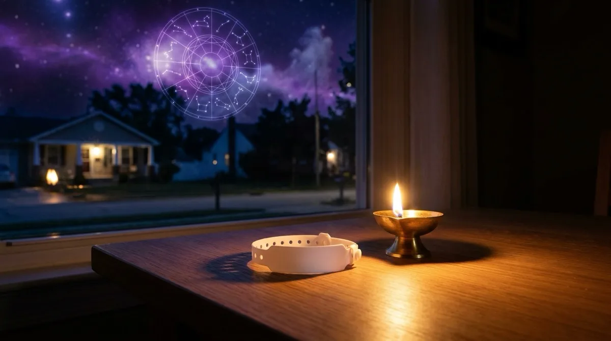 A newborn hospital band and a lit brass diya on a table, an American street and a constellation zodiac wheel outside the window
