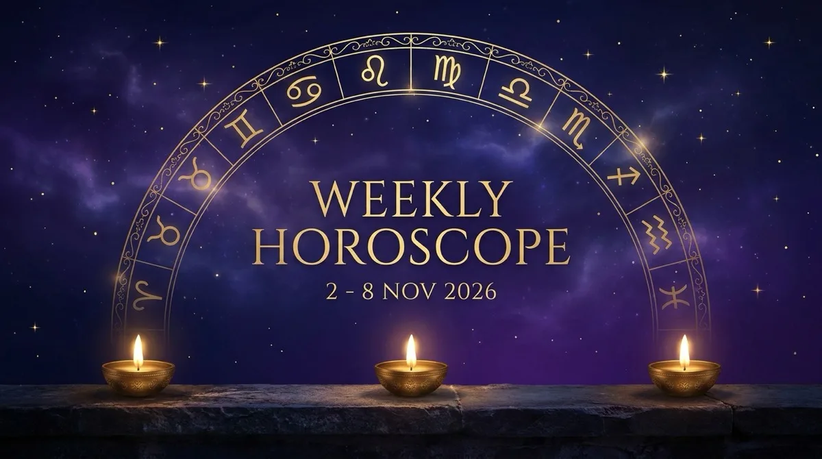 Gold zodiac wheel arc with diyas: Weekly Horoscope 2 - 8 Nov 2026, Diwali week