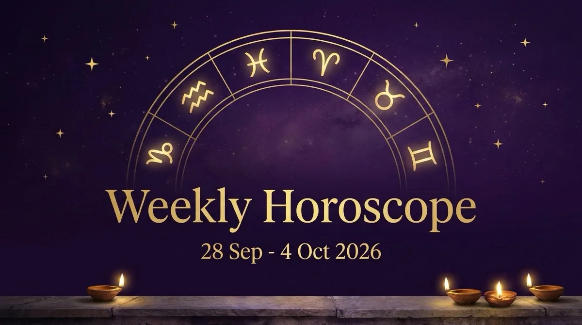 Gold zodiac wheel arc with diyas: Weekly Horoscope 28 Sep - 4 Oct 2026